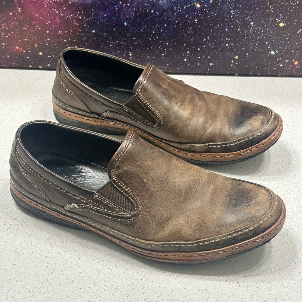 John Varvatos Distressed Brown Leather Slip-Ons
